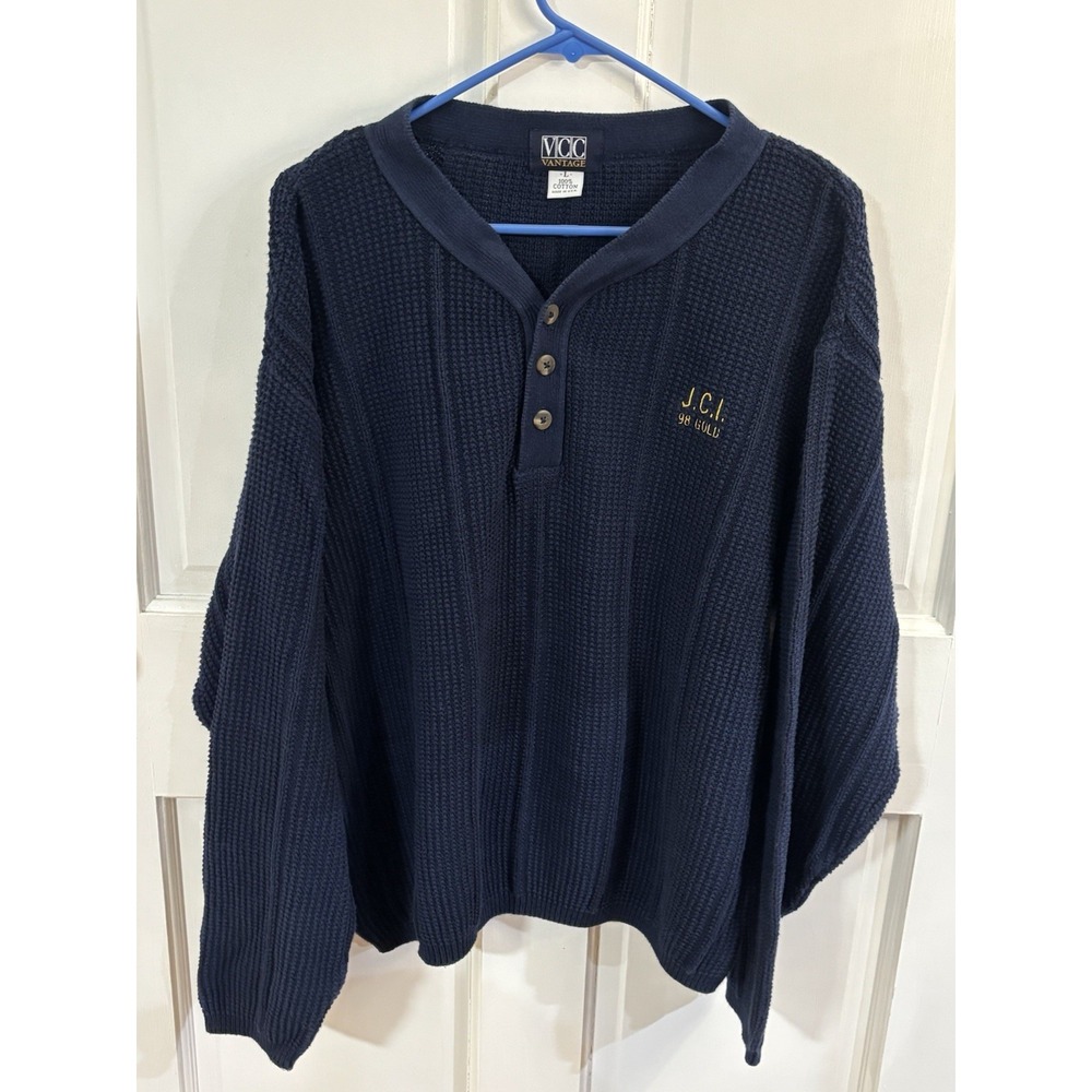 vintage 90s navy blue waffle knit henley sweater Size Large